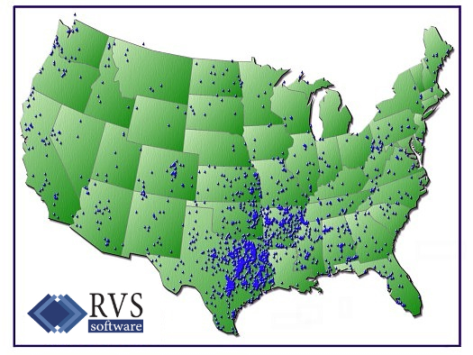 Map of RVS Software Inc. customers all over the United States
